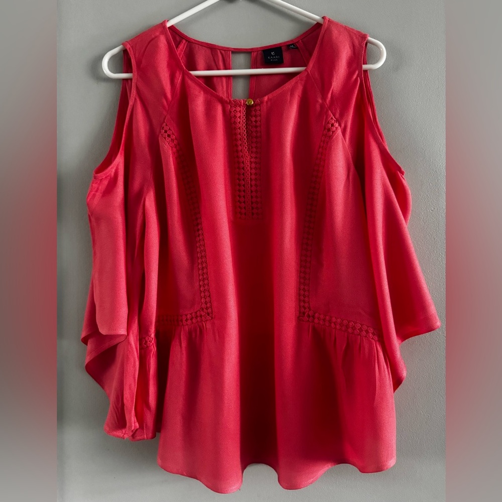 Kaari Blue Coral Cold Shoulder Bell Sleeve Blouse Medium